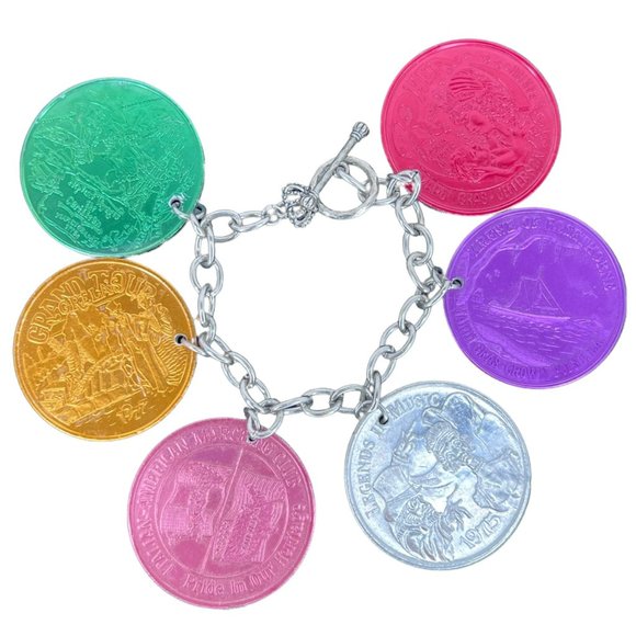 Mardi Gras Doubloons Bracelet Handmade Toggle Bar & Loop Closure 6" Silver Tone - Picture 2 of 3